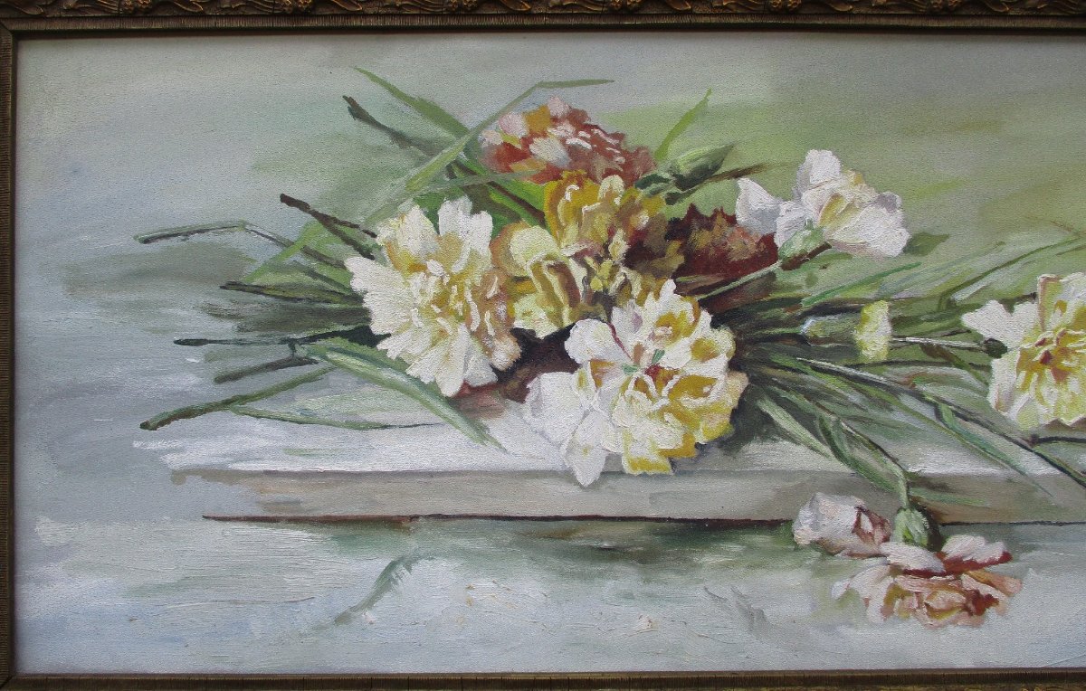 Très beau tableau Art Nouveau signé bouquet d'oeillets et passereau fleurs et oiseau 1908-photo-3