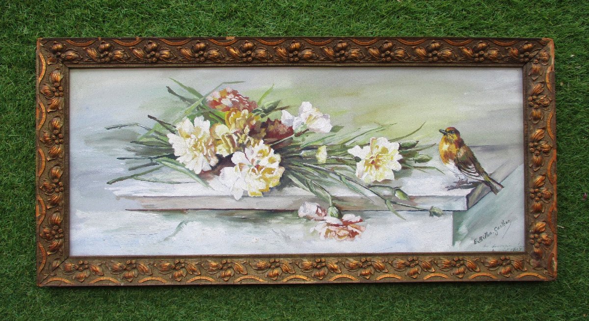 Très beau tableau Art Nouveau signé bouquet d'oeillets et passereau fleurs et oiseau 1908