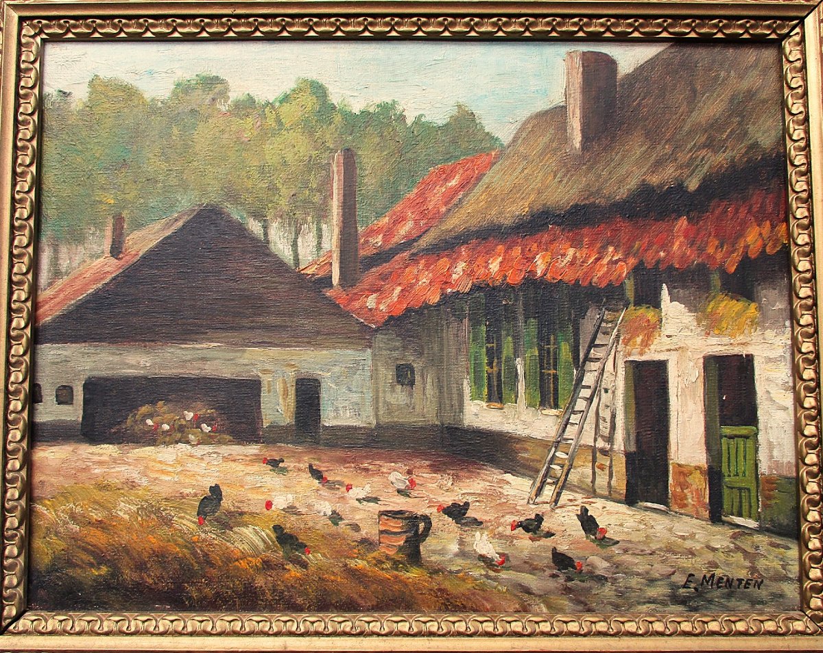 Émile Menten, basse-cour, cour de ferme Brabant Wallon tableau huile sur toile basse-cour poule-photo-2