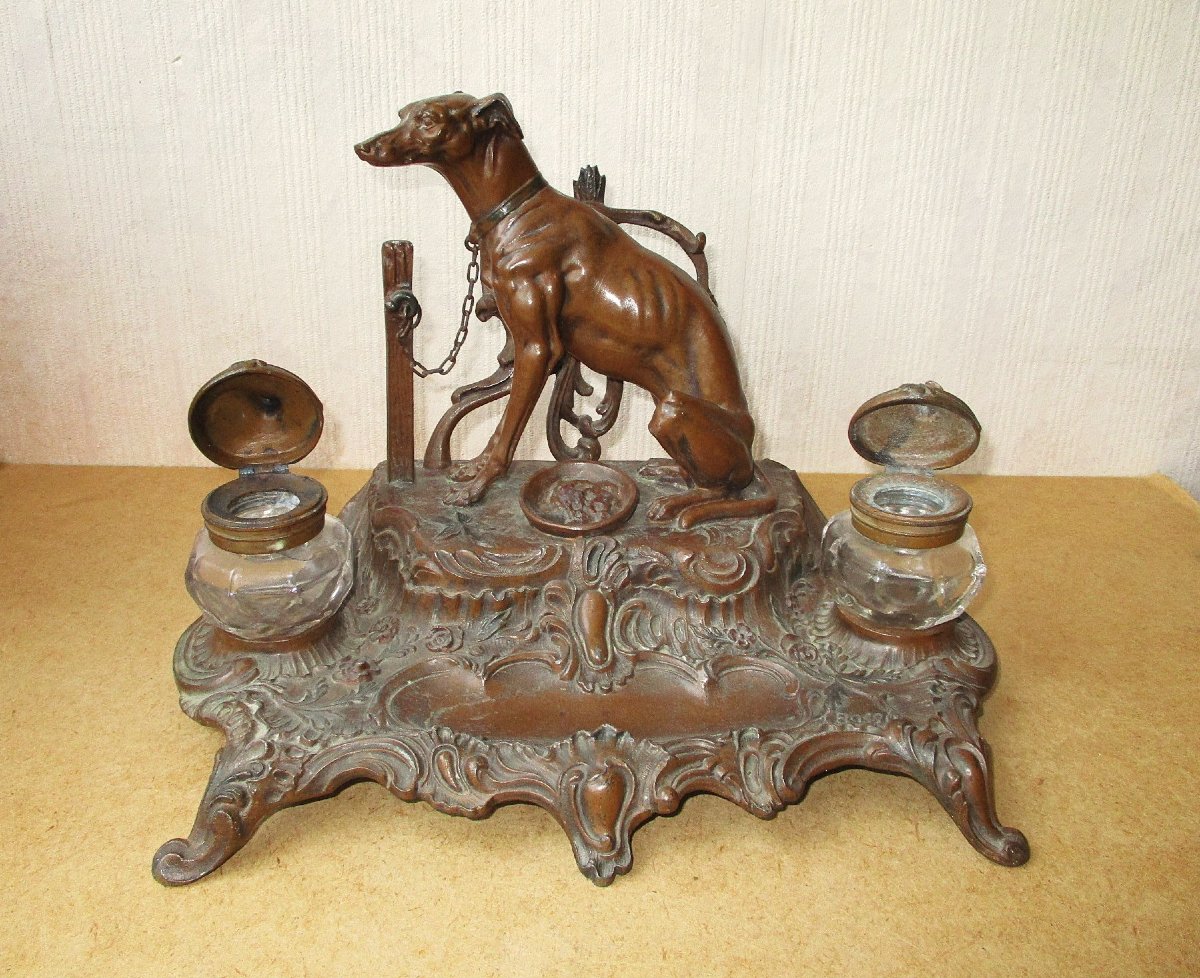 Beautiful Art Nouveau Inkwell Made Of Leaded Glass With A Chocolate-colored Patina, Featuring A Greyhound, Signed A. Bossu.-photo-2