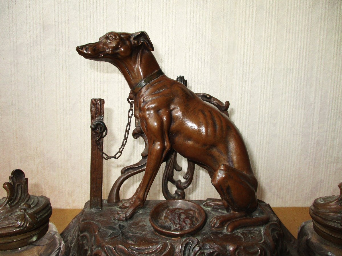Beautiful Art Nouveau Inkwell Made Of Leaded Glass With A Chocolate-colored Patina, Featuring A Greyhound, Signed A. Bossu.-photo-3