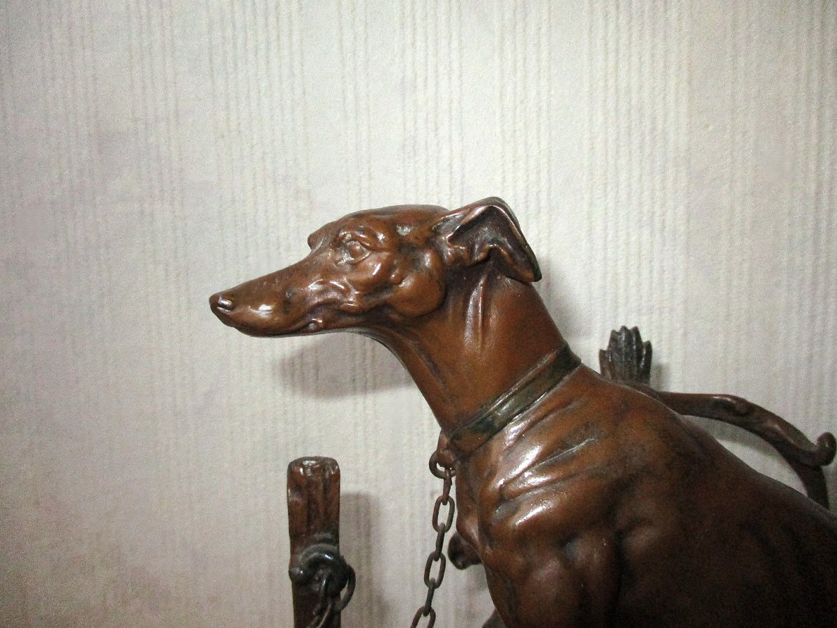 Beautiful Art Nouveau Inkwell Made Of Leaded Glass With A Chocolate-colored Patina, Featuring A Greyhound, Signed A. Bossu.-photo-4