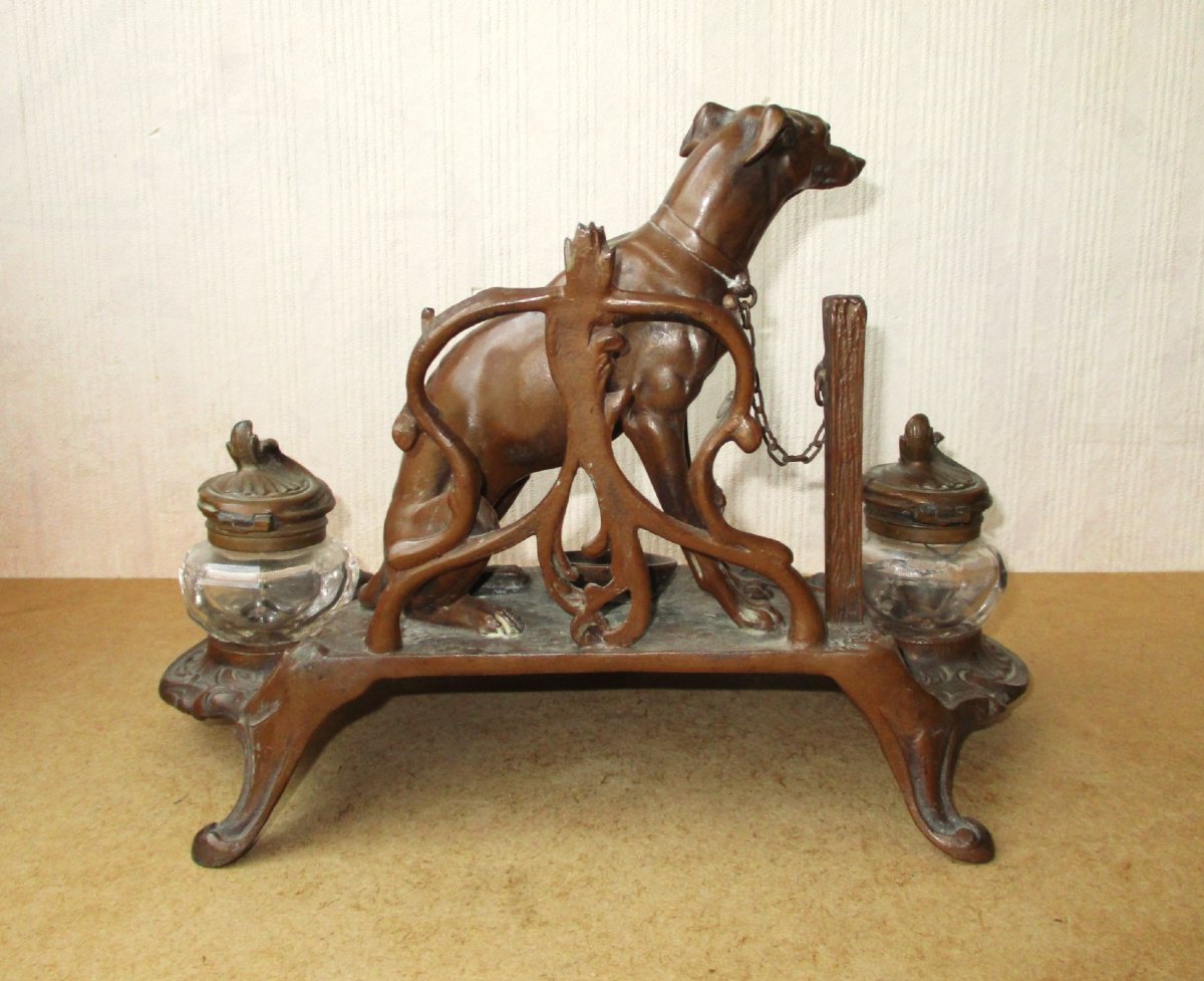 Beautiful Art Nouveau Inkwell Made Of Leaded Glass With A Chocolate-colored Patina, Featuring A Greyhound, Signed A. Bossu.-photo-2