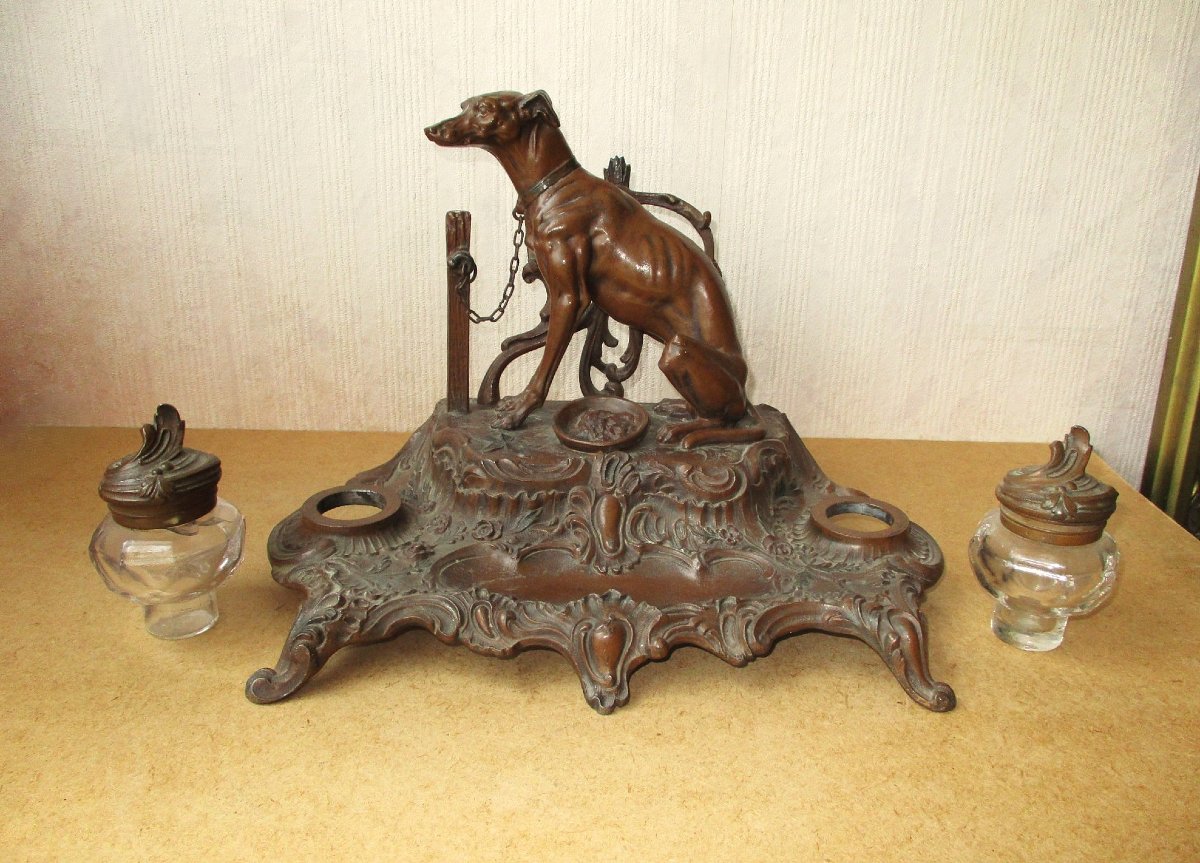 Beautiful Art Nouveau Inkwell Made Of Leaded Glass With A Chocolate-colored Patina, Featuring A Greyhound, Signed A. Bossu.-photo-5