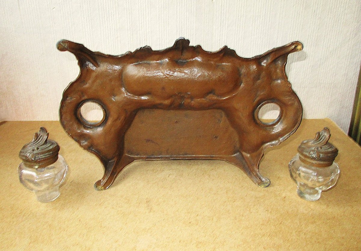 Beautiful Art Nouveau Inkwell Made Of Leaded Glass With A Chocolate-colored Patina, Featuring A Greyhound, Signed A. Bossu.-photo-6