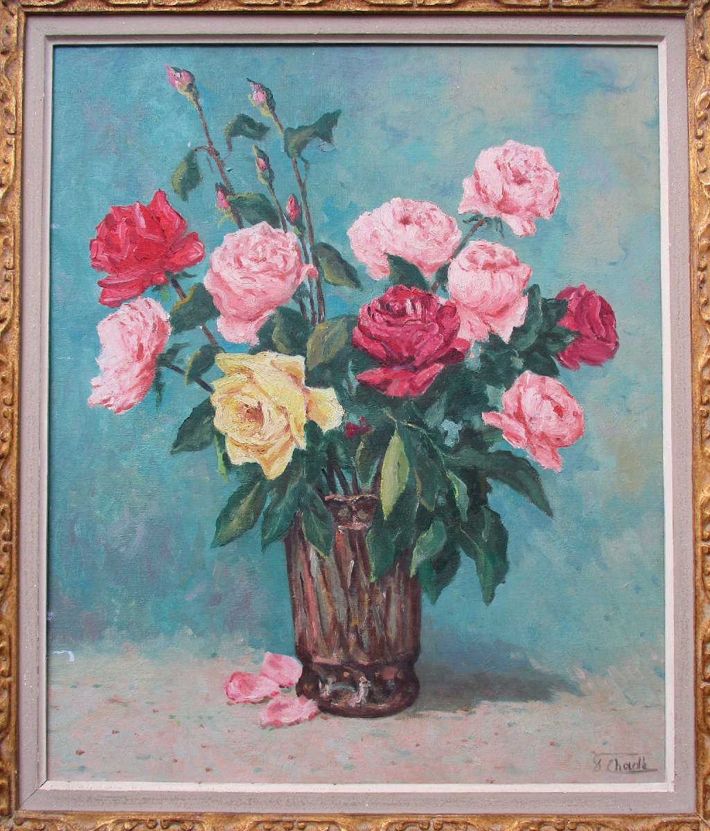Florent Chadé, Large Painting Of A Bouquet Of Roses, Flowers In A Vase, Oil On Canvas, Grenoble, Chamonix.-photo-2