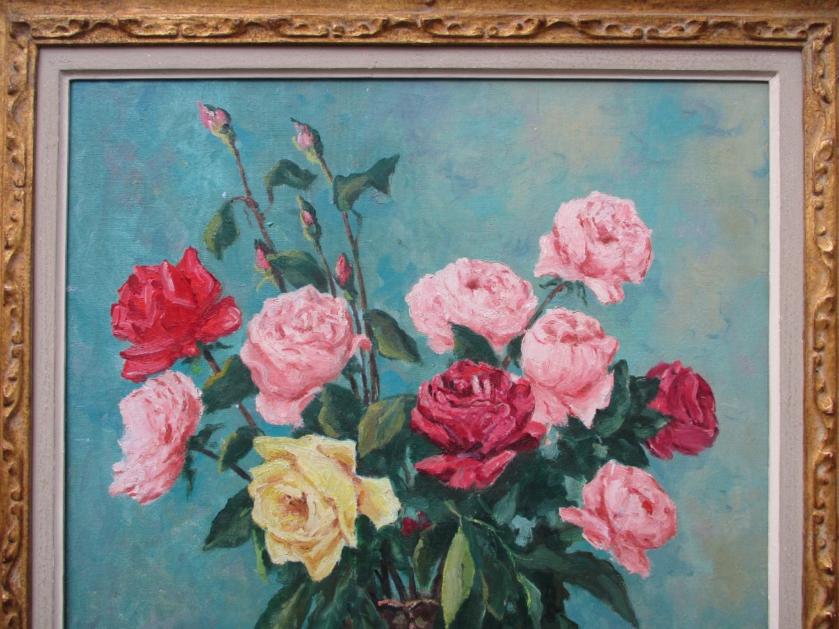 Florent Chadé, Large Painting Of A Bouquet Of Roses, Flowers In A Vase, Oil On Canvas, Grenoble, Chamonix.-photo-3