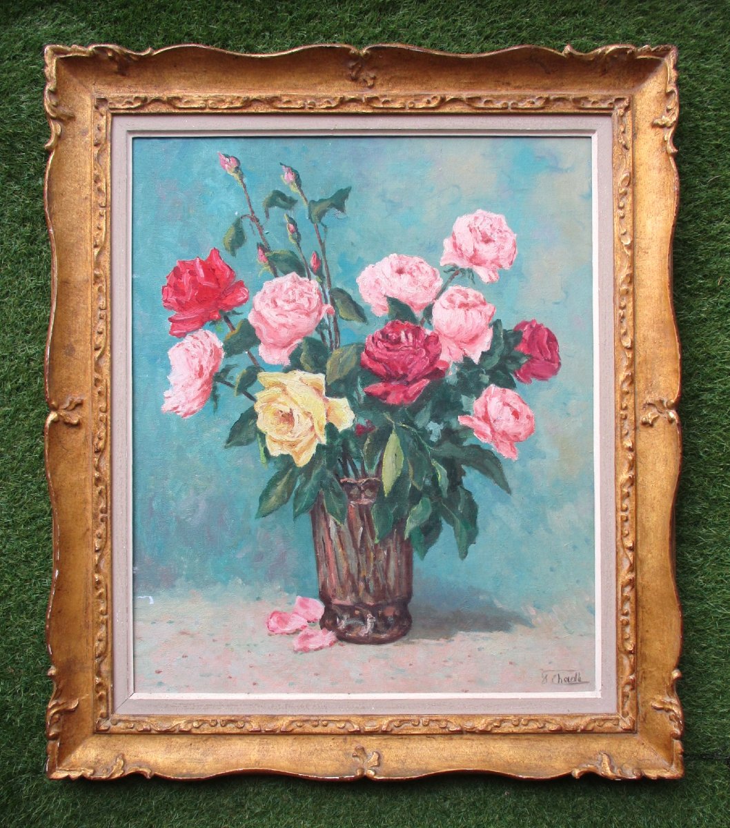 Florent Chadé, Large Painting Of A Bouquet Of Roses, Flowers In A Vase, Oil On Canvas, Grenoble, Chamonix.