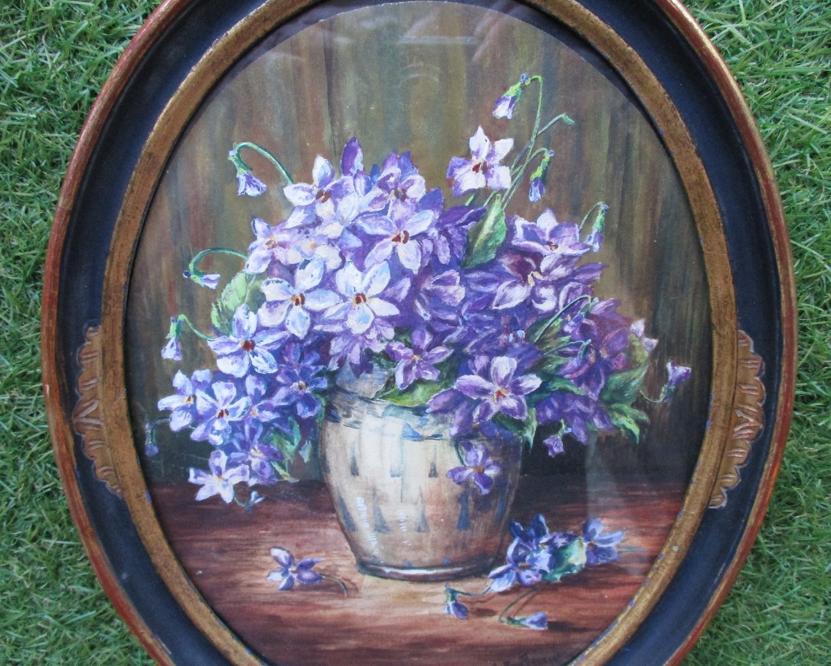 Watercolor And Gouache Painting Of A Bouquet Of Violets, Circa 1920; Signature To Be Identified.-photo-2