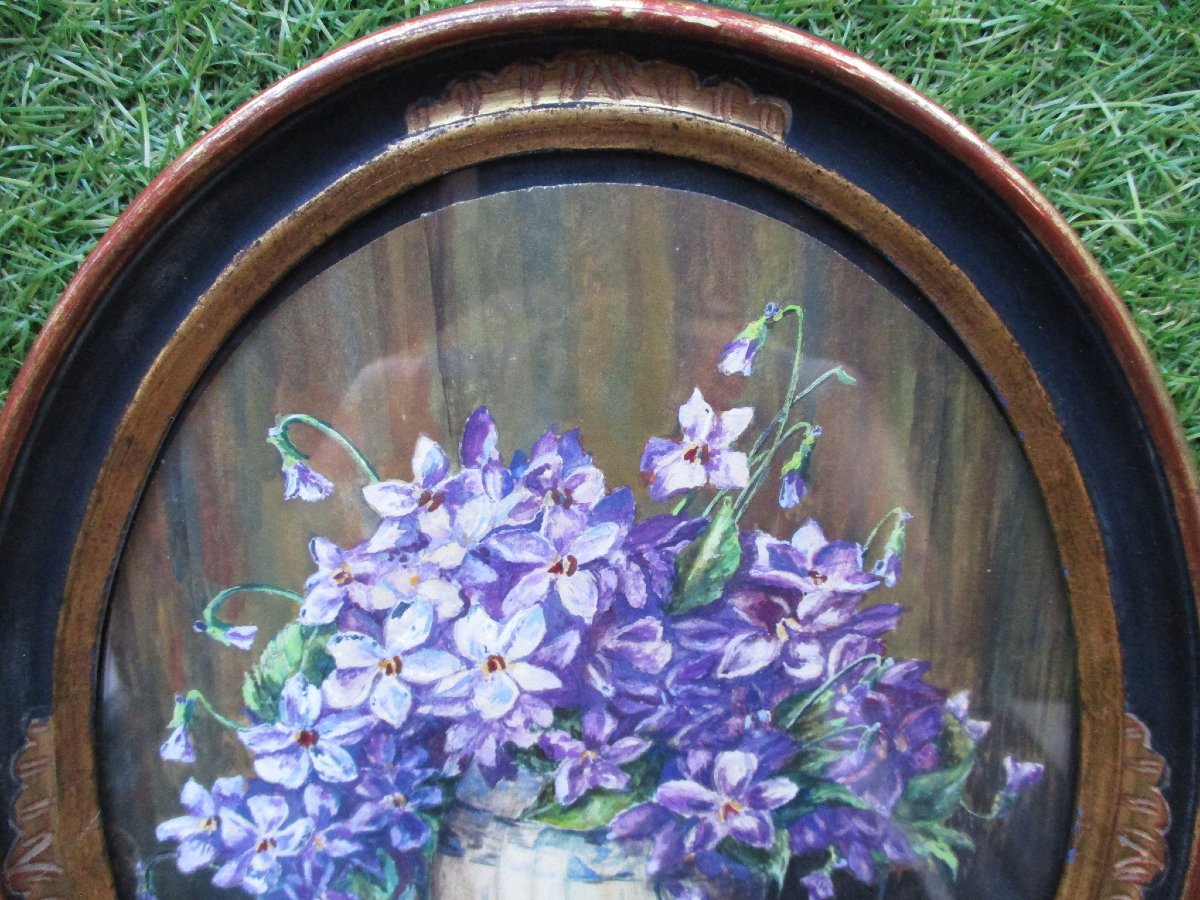 Watercolor And Gouache Painting Of A Bouquet Of Violets, Circa 1920; Signature To Be Identified.-photo-3