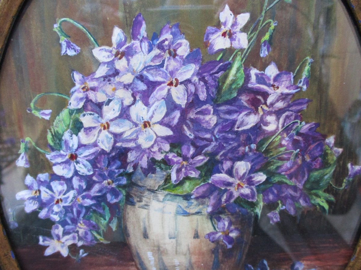 Watercolor And Gouache Painting Of A Bouquet Of Violets, Circa 1920; Signature To Be Identified.-photo-4