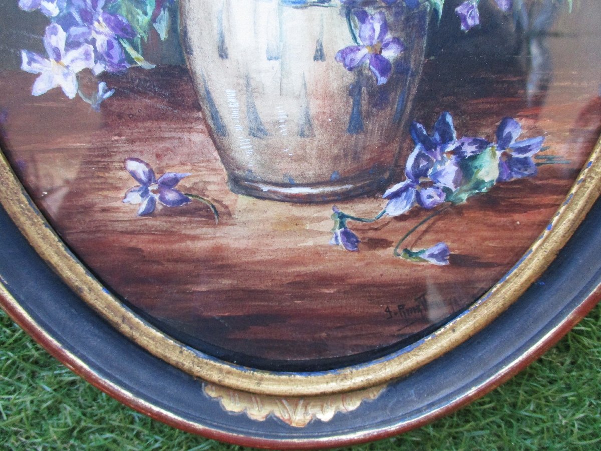 Watercolor And Gouache Painting Of A Bouquet Of Violets, Circa 1920; Signature To Be Identified.-photo-1