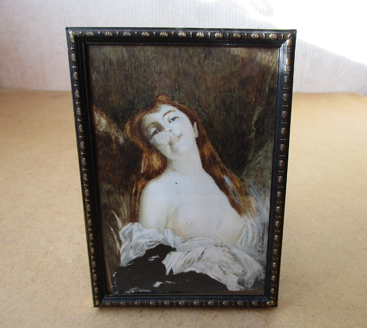 Ancienne miniature tableau signé Lallemand portrait femme nue petite restauration à prévoir.-photo-3