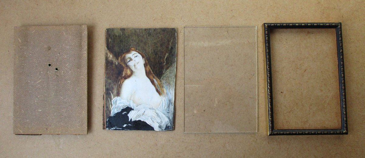 Ancienne miniature tableau signé Lallemand portrait femme nue petite restauration à prévoir.-photo-2