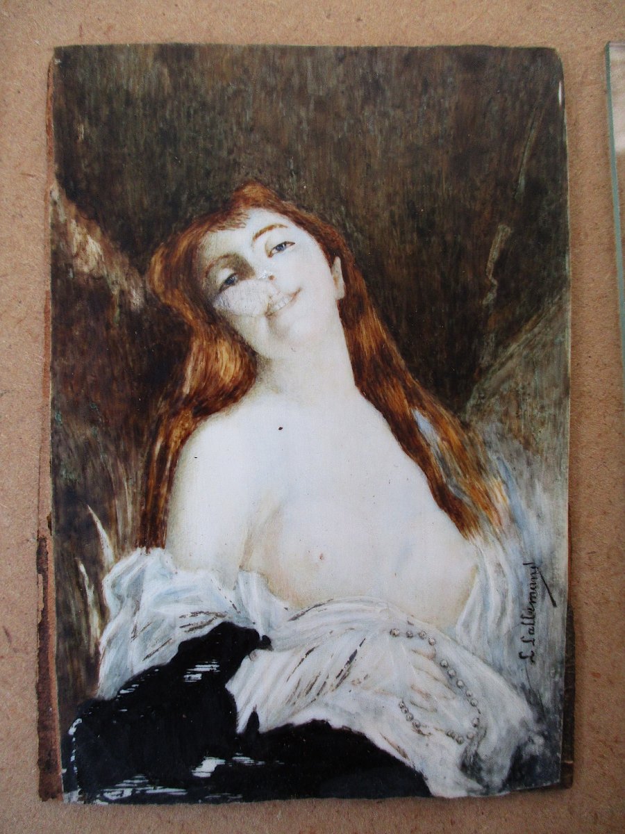 Ancienne miniature tableau signé Lallemand portrait femme nue petite restauration à prévoir.-photo-3