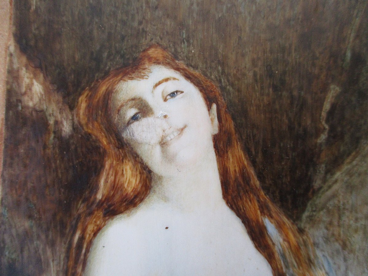 Ancienne miniature tableau signé Lallemand portrait femme nue petite restauration à prévoir.-photo-5