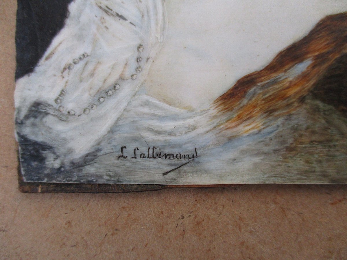 Ancienne miniature tableau signé Lallemand portrait femme nue petite restauration à prévoir.-photo-6