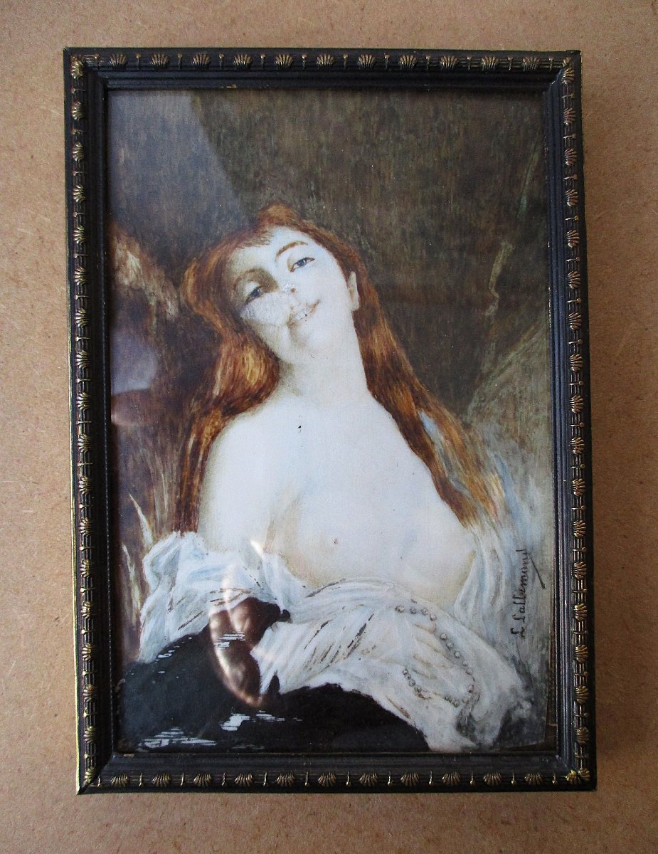 Ancienne miniature tableau signé Lallemand portrait femme nue petite restauration à prévoir.