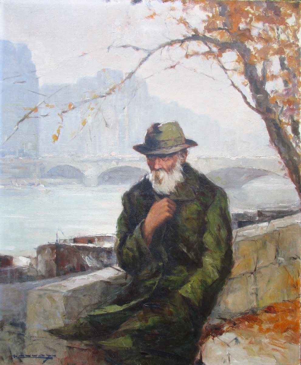 A Beautiful Oil-on-canvas Painting Titled *old Man On The Banks Of The Seine In Paris*, Signed By Tannay, 1940.-photo-2