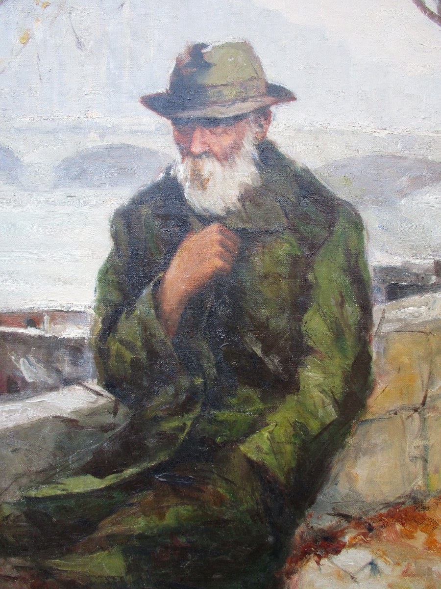 A Beautiful Oil-on-canvas Painting Titled *old Man On The Banks Of The Seine In Paris*, Signed By Tannay, 1940.-photo-3