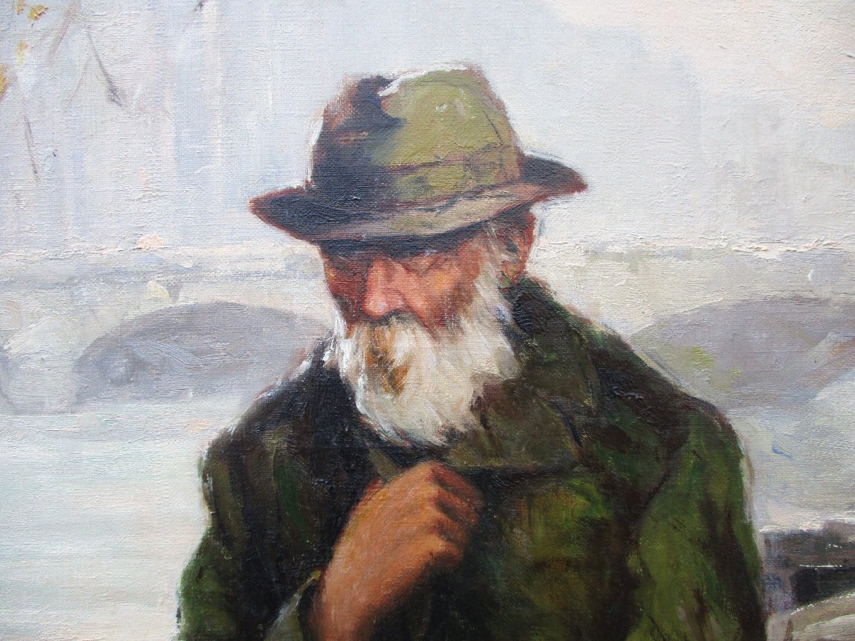 A Beautiful Oil-on-canvas Painting Titled *old Man On The Banks Of The Seine In Paris*, Signed By Tannay, 1940.-photo-1