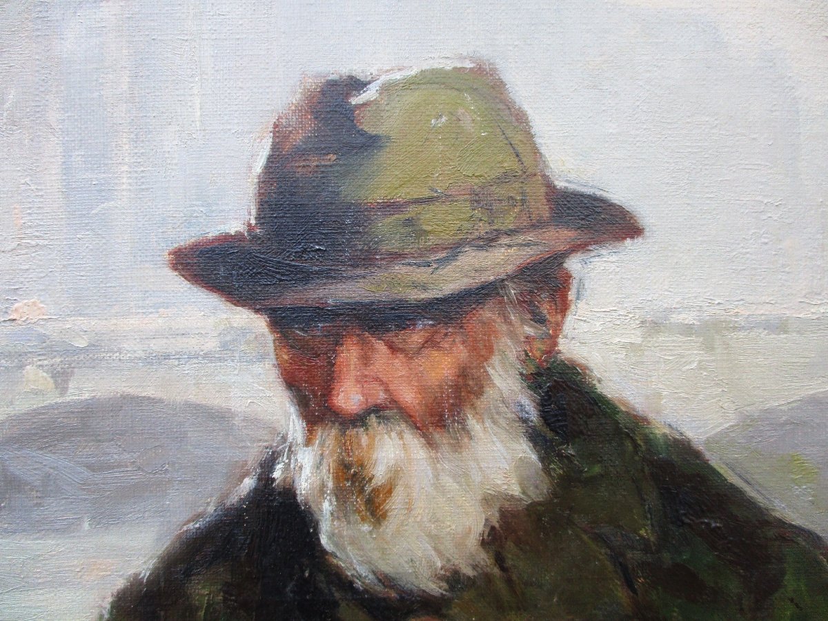 A Beautiful Oil-on-canvas Painting Titled *old Man On The Banks Of The Seine In Paris*, Signed By Tannay, 1940.-photo-2