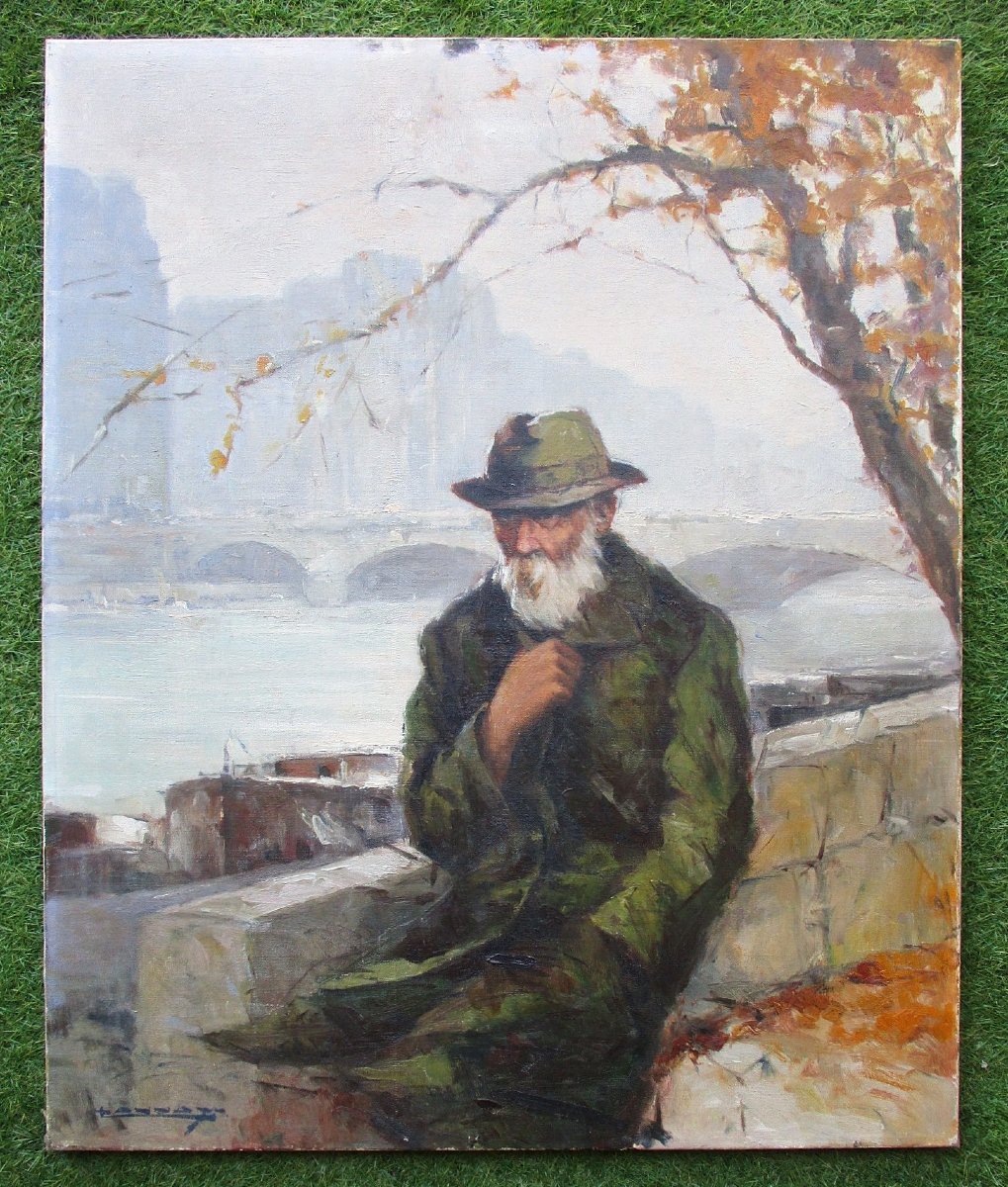 A Beautiful Oil-on-canvas Painting Titled *old Man On The Banks Of The Seine In Paris*, Signed By Tannay, 1940.