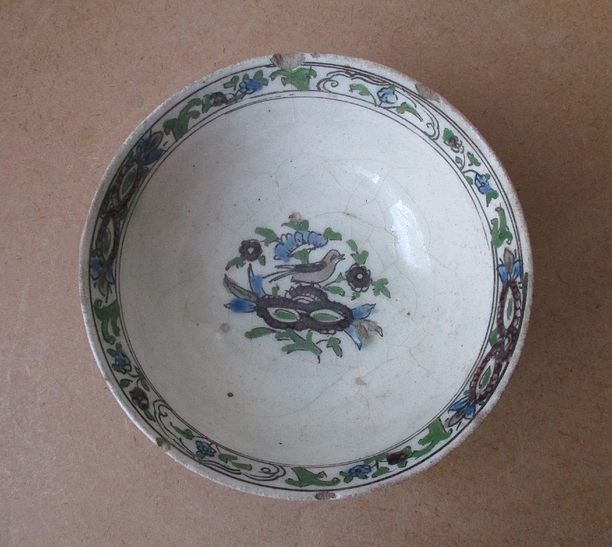 Bol en céramique Perse Qajar XIXe siècle décor persan Gol-o-Bolbol Le rossignol et la rose.-photo-2