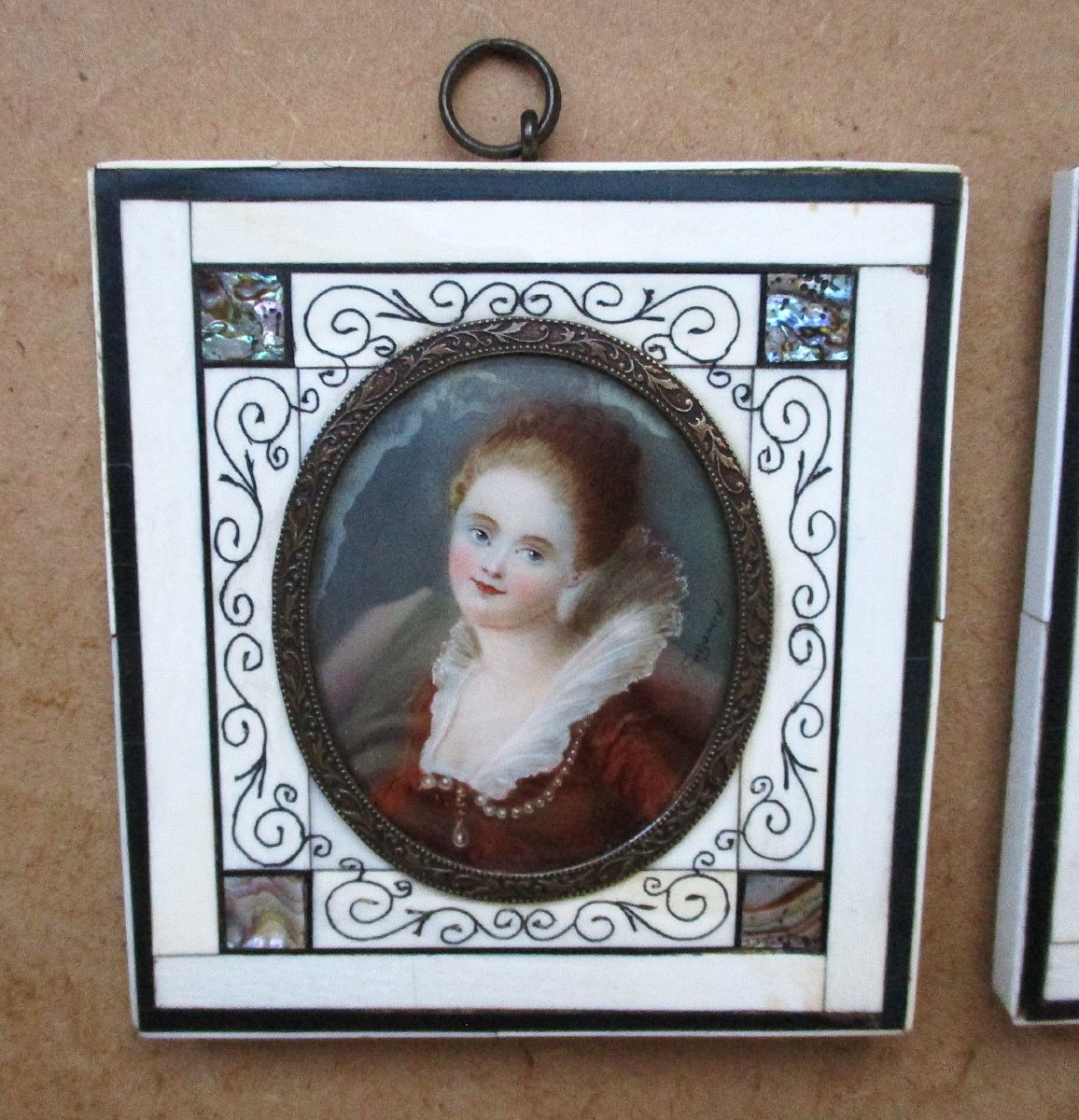 Pair Of Miniatures On Ivory And Mother-of-pearl, Renaissance-style Portraits, Late 19th Century.-photo-2