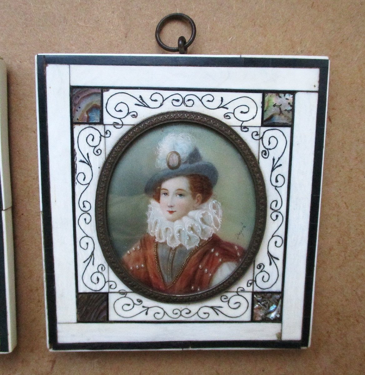 Pair Of Miniatures On Ivory And Mother-of-pearl, Renaissance-style Portraits, Late 19th Century.-photo-1