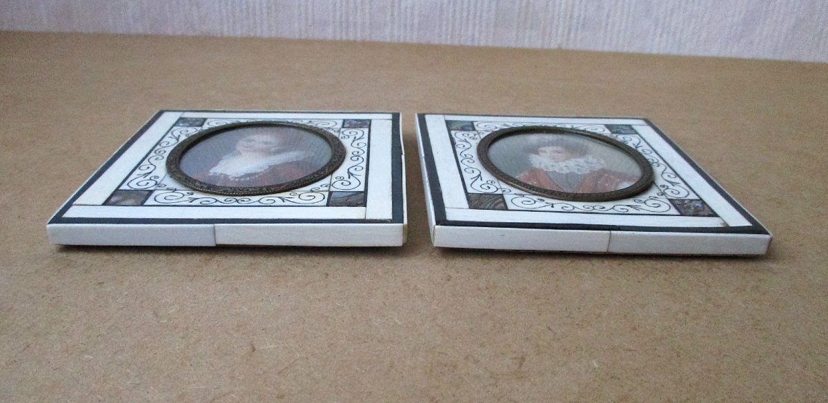 Pair Of Miniatures On Ivory And Mother-of-pearl, Renaissance-style Portraits, Late 19th Century.-photo-5
