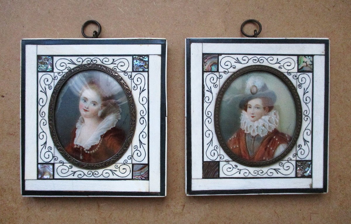 Pair Of Miniatures On Ivory And Mother-of-pearl, Renaissance-style Portraits, Late 19th Century.