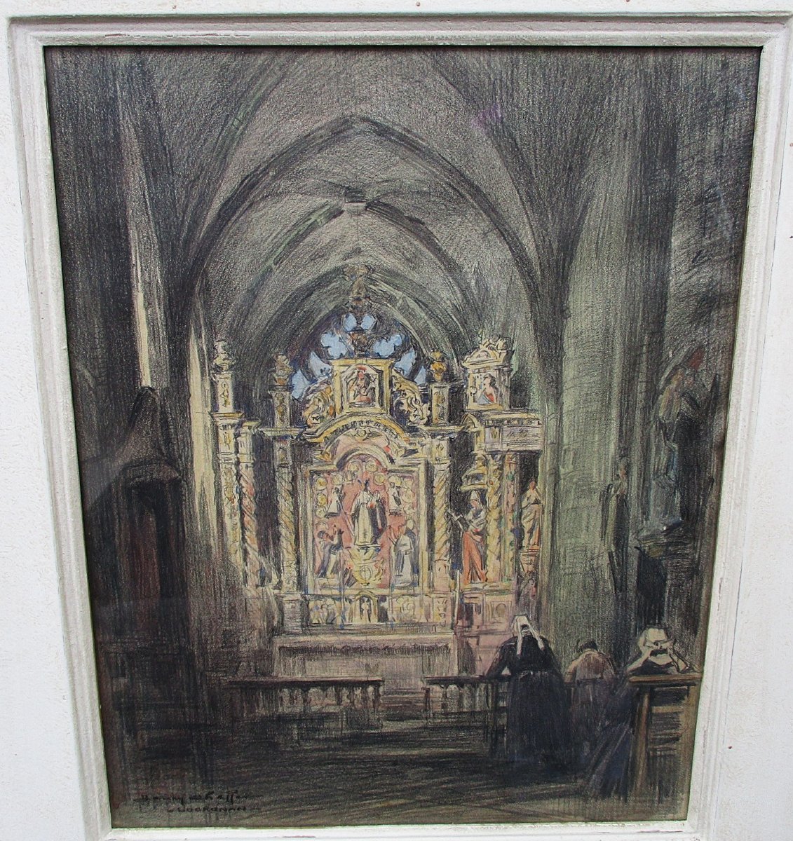 Henry Lucien Cheffer, Locronan Church: A Breton Painting In Pencil, Charcoal, And Watercolor, Brittany-photo-2