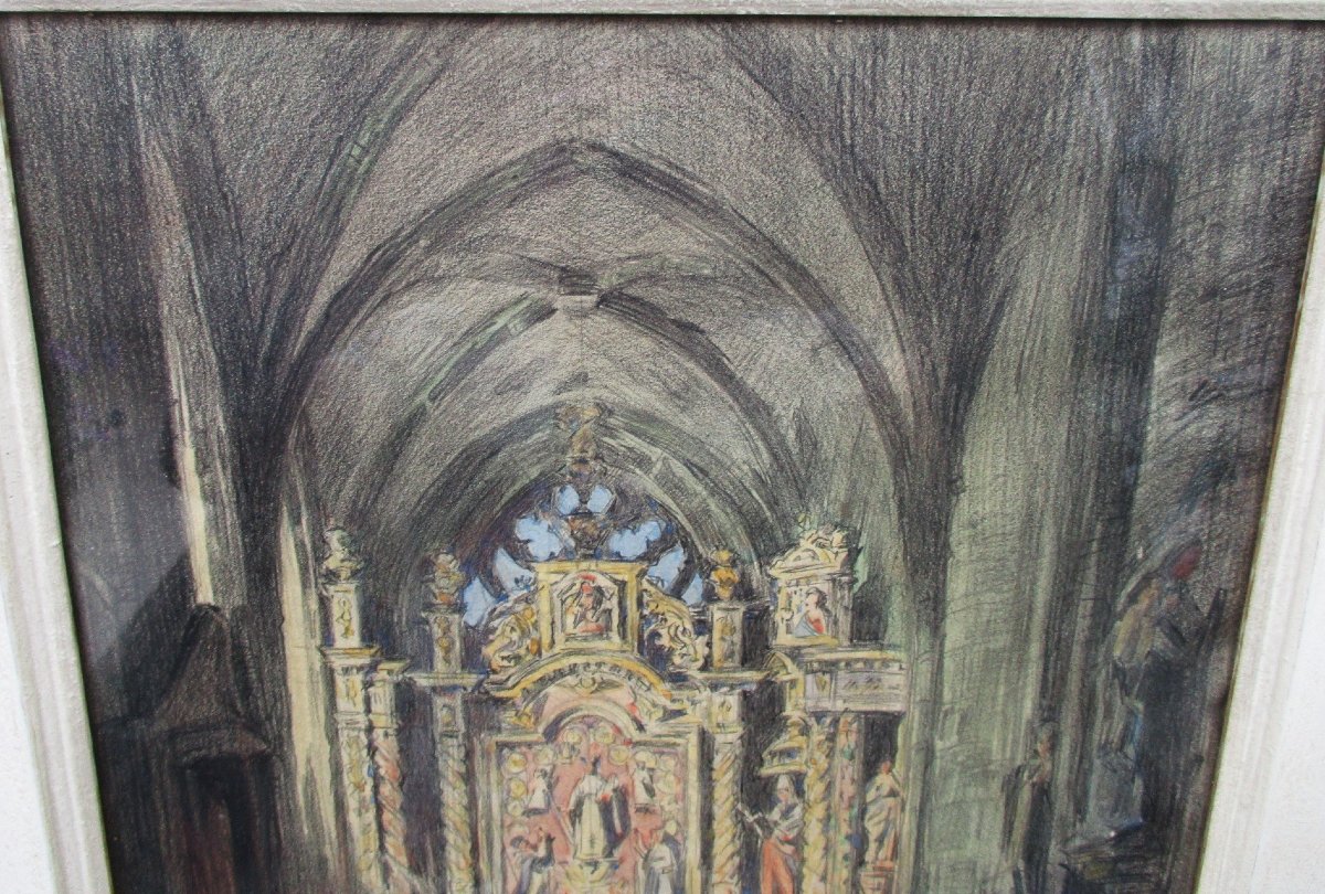 Henry Lucien Cheffer, Locronan Church: A Breton Painting In Pencil, Charcoal, And Watercolor, Brittany-photo-4