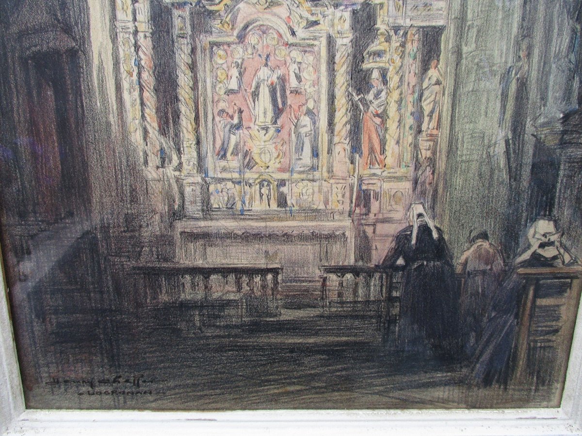 Henry Lucien Cheffer, Locronan Church: A Breton Painting In Pencil, Charcoal, And Watercolor, Brittany-photo-1