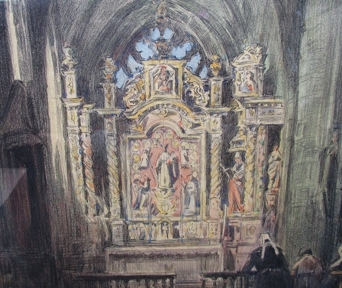 Henry Lucien Cheffer, Locronan Church: A Breton Painting In Pencil, Charcoal, And Watercolor, Brittany-photo-2