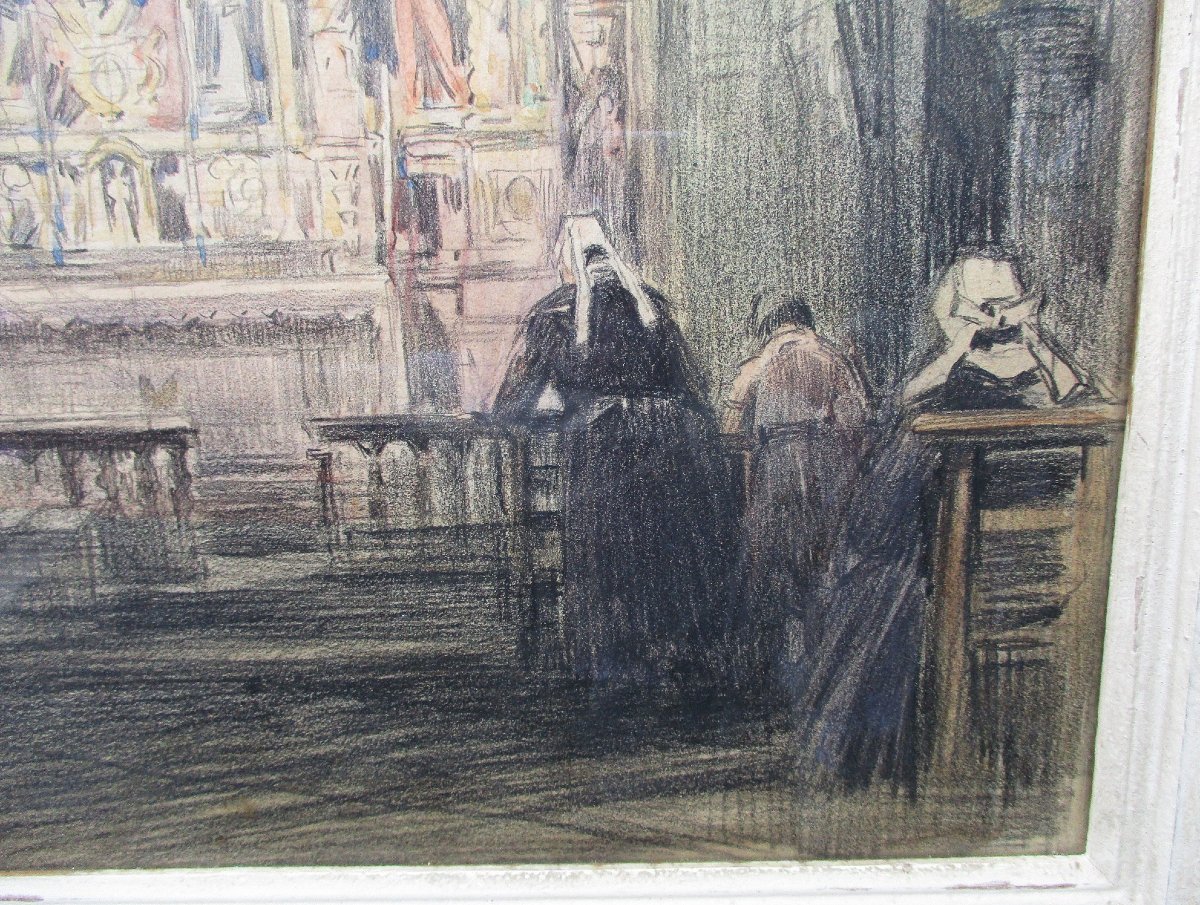 Henry Lucien Cheffer, Locronan Church: A Breton Painting In Pencil, Charcoal, And Watercolor, Brittany-photo-3