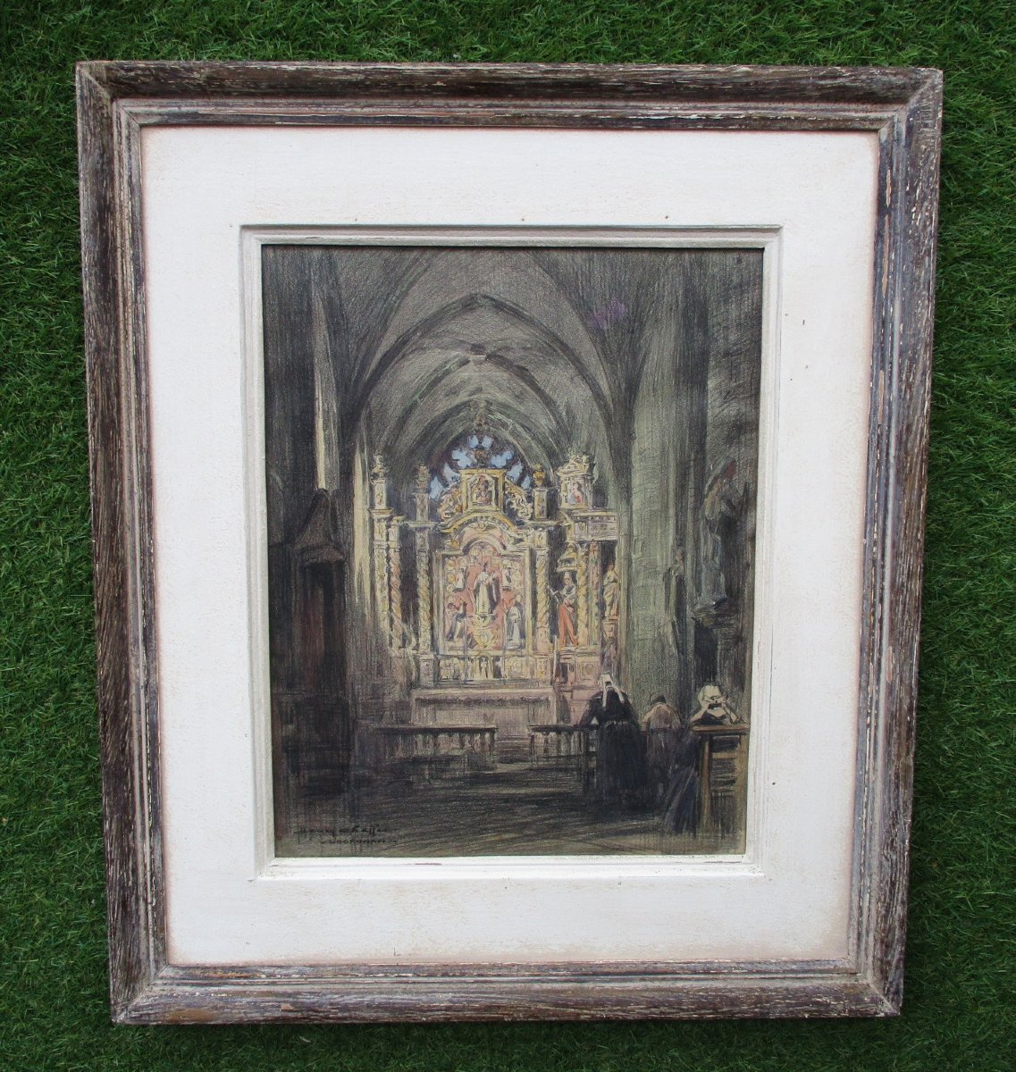 Henry Lucien Cheffer, Locronan Church: A Breton Painting In Pencil, Charcoal, And Watercolor, Brittany