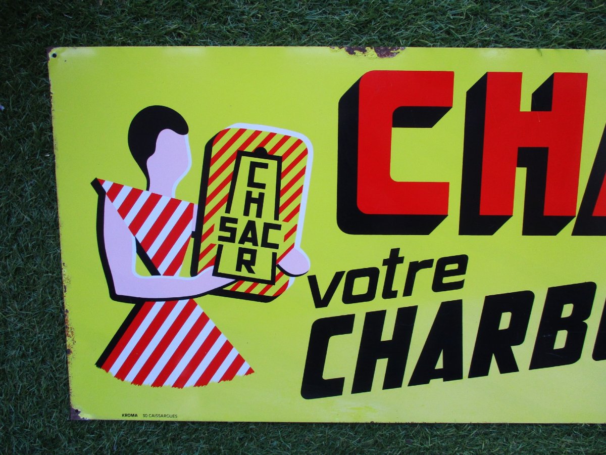 Belle et grande t&ocirc;le publicitaire vintage 1950-1960 Charsac charbon dimensions : 100 x 33 cm.-photo-2