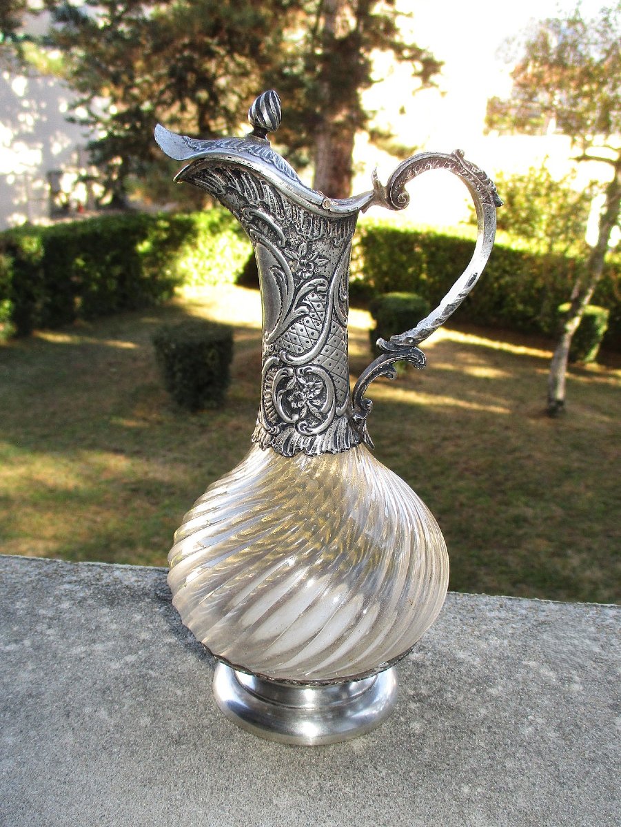 A Beautiful 19th-century Louis XV Rocaille-style Ewer, Made Of Twisted Crystal With A Solid Silver Setting.