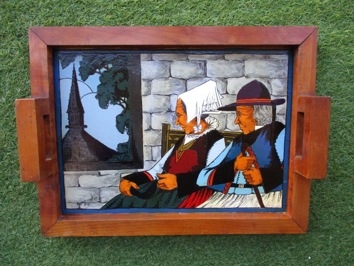 A Beautiful Vintage Painted Wooden Tray Signed By Paul Fouillen, Quimper, Art Deco Period, Featuring A Breton Scene.-photo-2