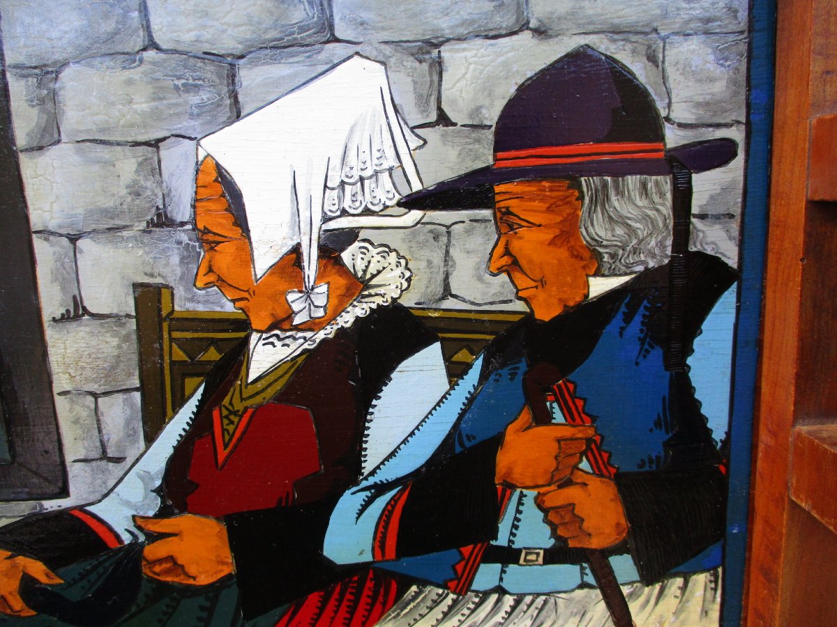 A Beautiful Vintage Painted Wooden Tray Signed By Paul Fouillen, Quimper, Art Deco Period, Featuring A Breton Scene.-photo-4