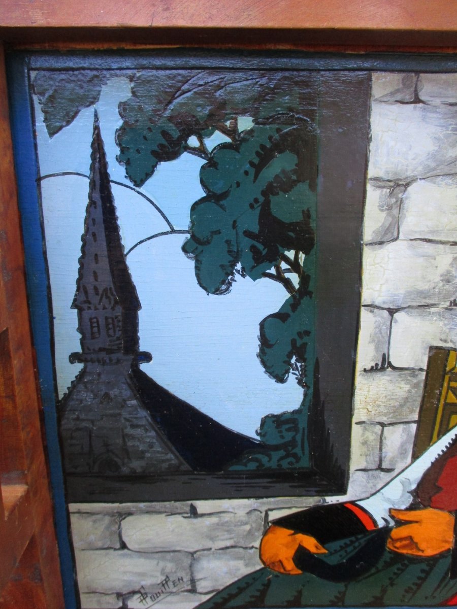 A Beautiful Vintage Painted Wooden Tray Signed By Paul Fouillen, Quimper, Art Deco Period, Featuring A Breton Scene.-photo-1