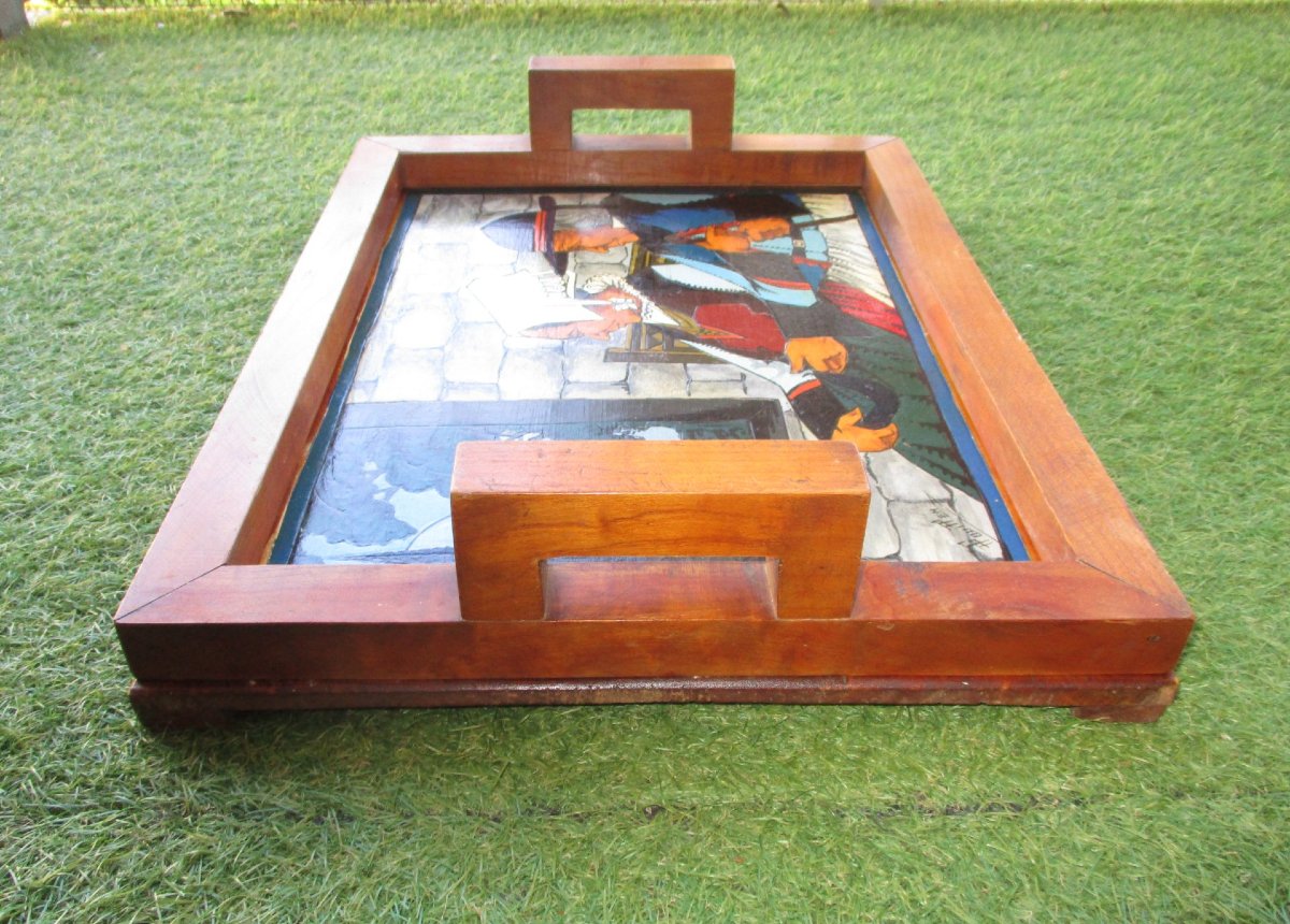A Beautiful Vintage Painted Wooden Tray Signed By Paul Fouillen, Quimper, Art Deco Period, Featuring A Breton Scene.-photo-6