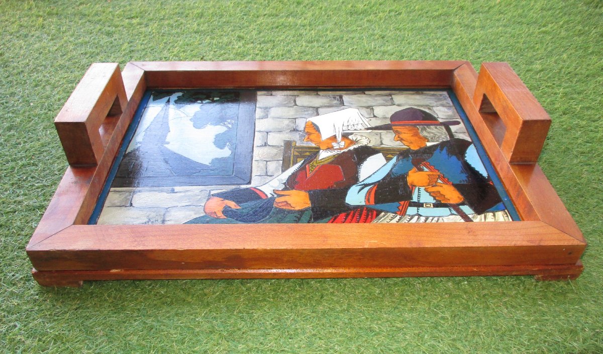 A Beautiful Vintage Painted Wooden Tray Signed By Paul Fouillen, Quimper, Art Deco Period, Featuring A Breton Scene.-photo-7