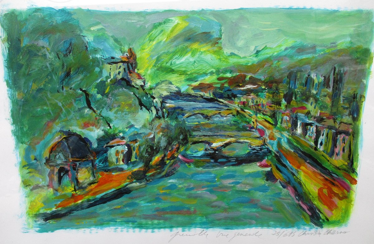 Christian Charvet, Grenoble Vue générale en 1995, tableau acrylique et huile sur papier.-photo-2
