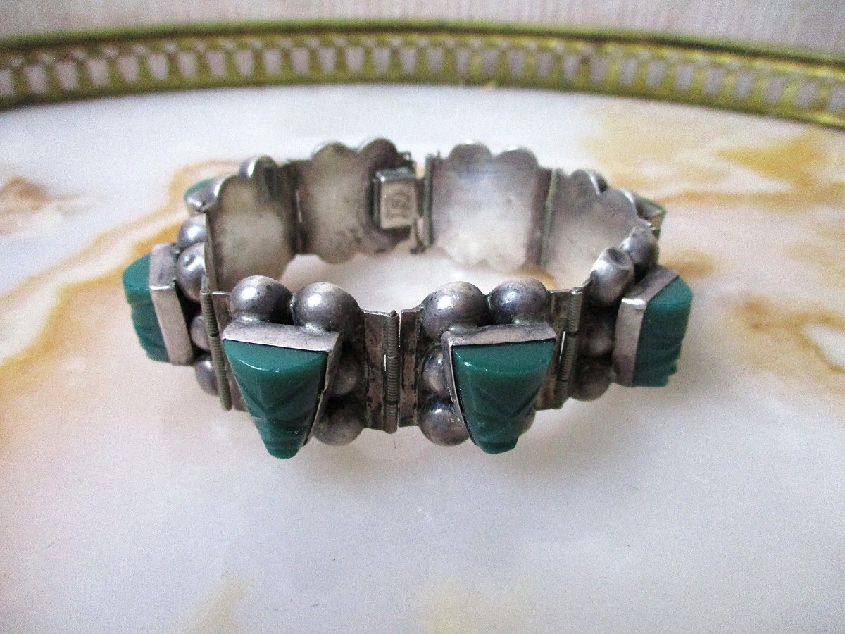Vintage Art Deco-style Bracelet Made Of 925 Sterling Silver And Green Mexican Stones, Weighing 45 Grams.-photo-3