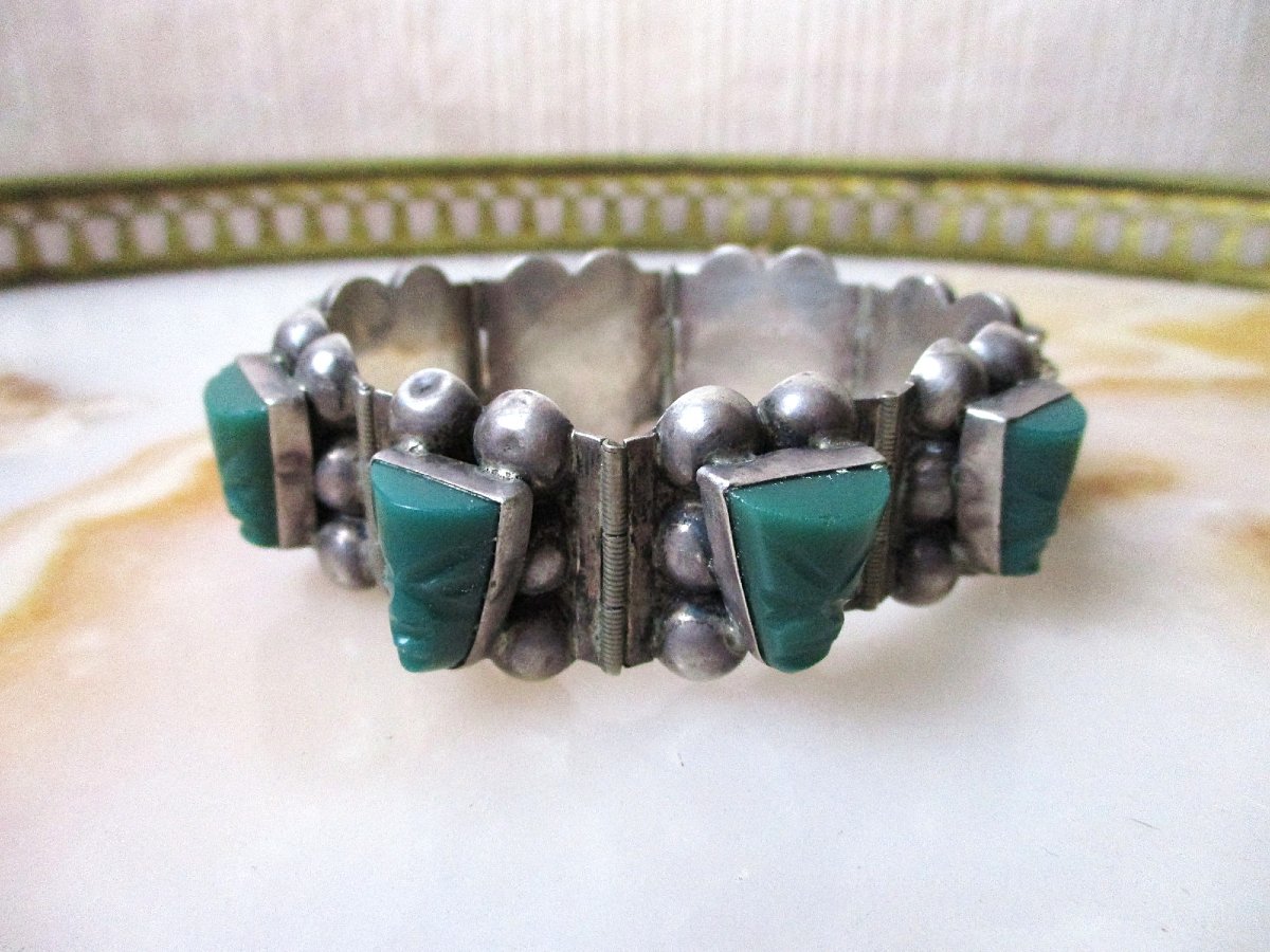 Vintage Art Deco-style Bracelet Made Of 925 Sterling Silver And Green Mexican Stones, Weighing 45 Grams.-photo-4