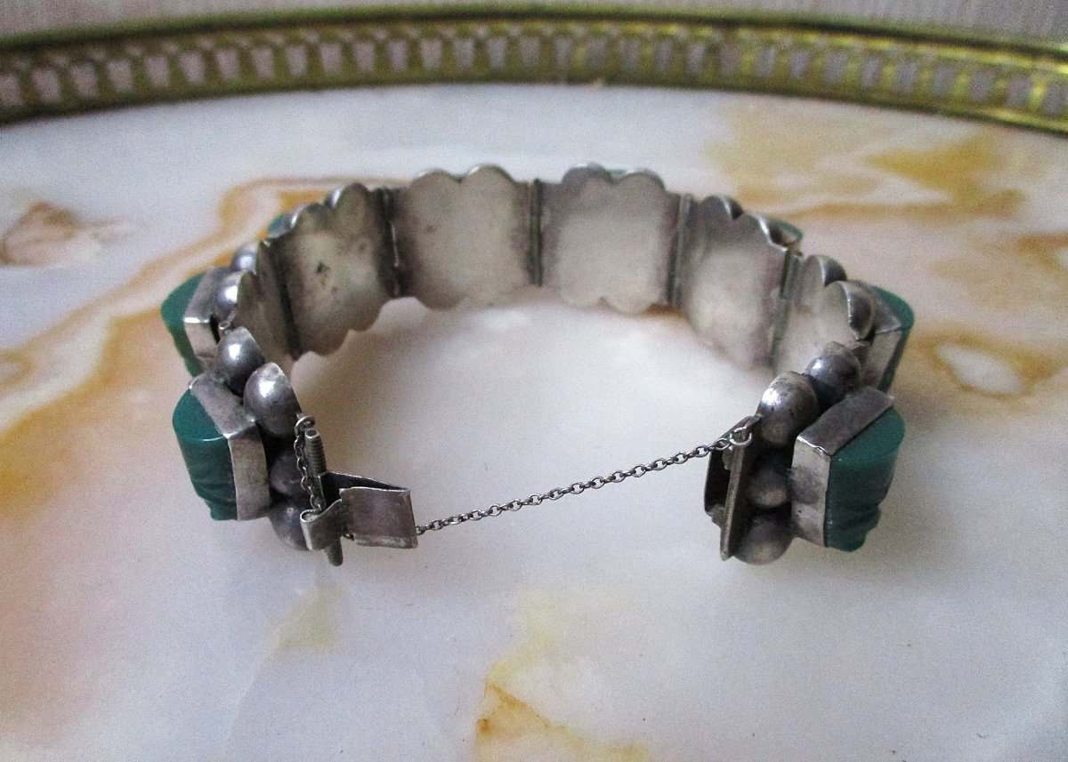 Vintage Art Deco-style Bracelet Made Of 925 Sterling Silver And Green Mexican Stones, Weighing 45 Grams.-photo-4