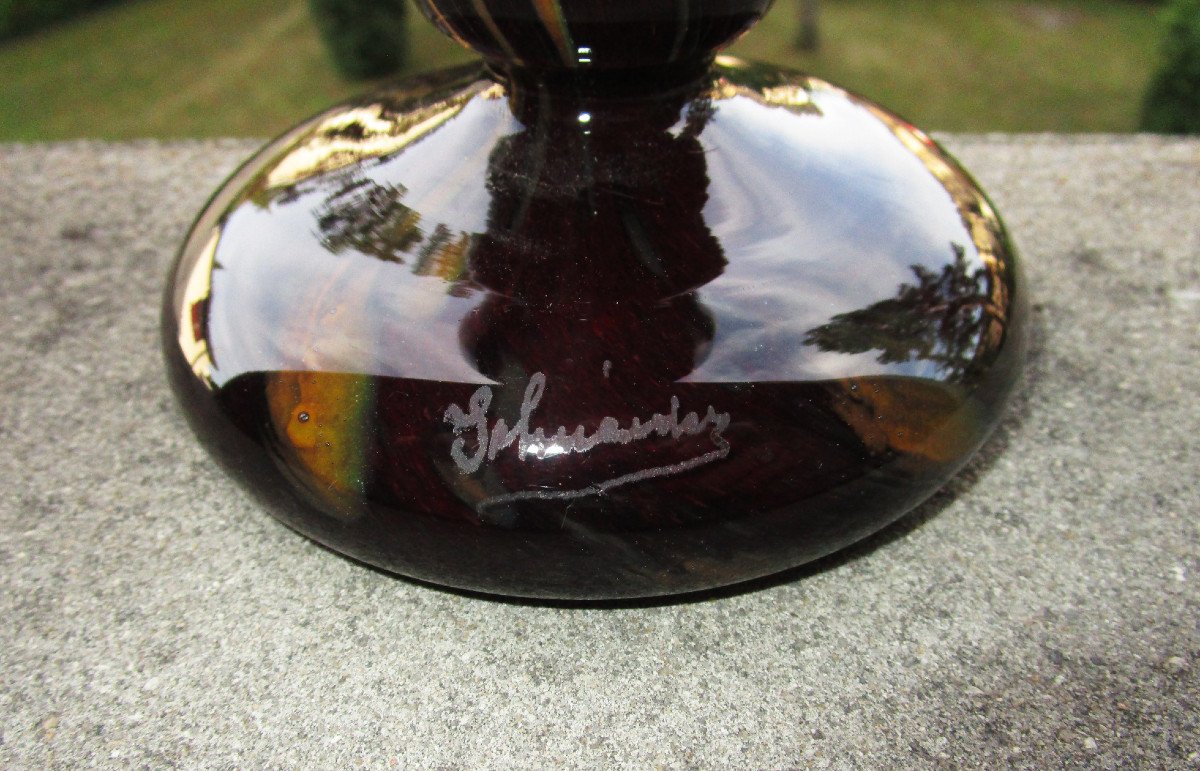 Charles Schneider, Le Verre Français, Very Beautiful Art Deco Speckled Glass Diabolo Vase.-photo-3